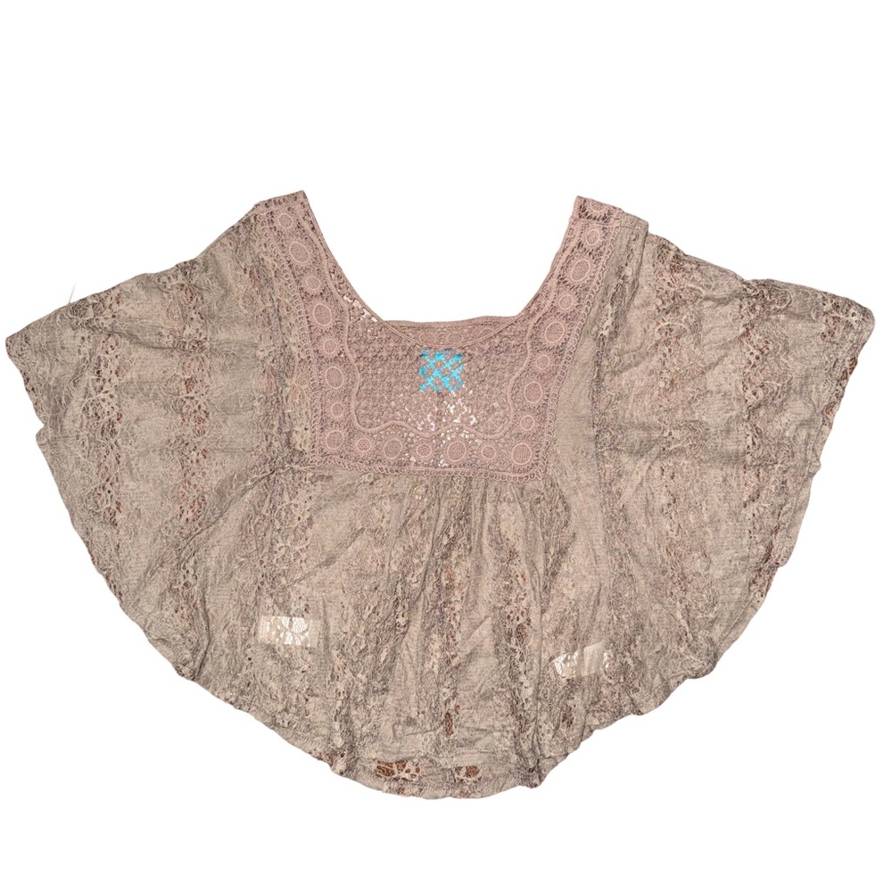 Beige Lace Crochet Batwing Boho Top Hippie Retro Festival Cowgirl Western